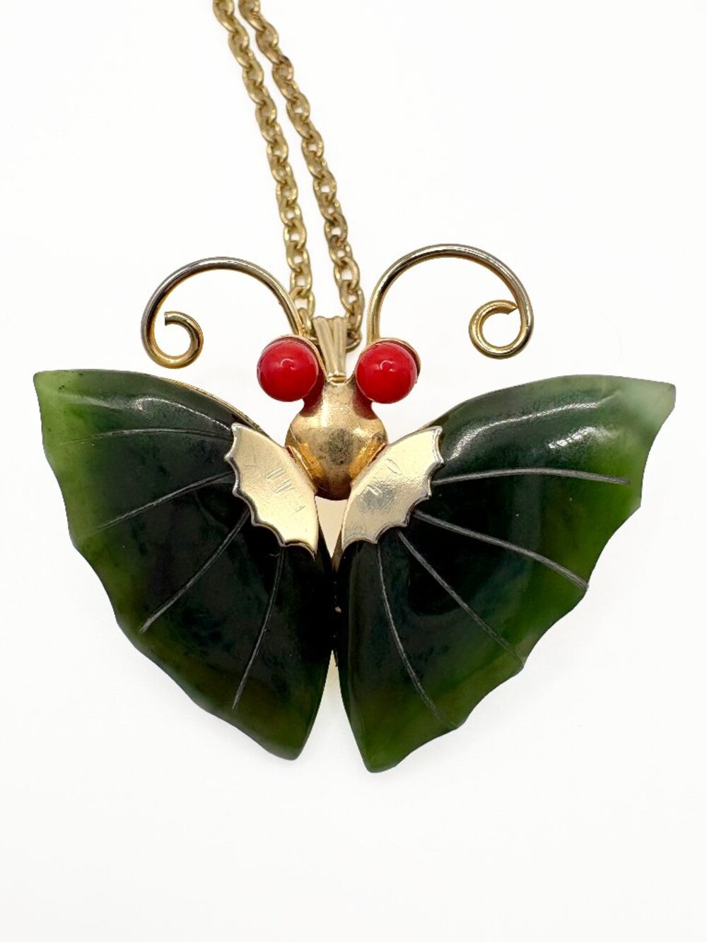 Vintager Nephrite Jade Butterfly Necklace and Brooch
